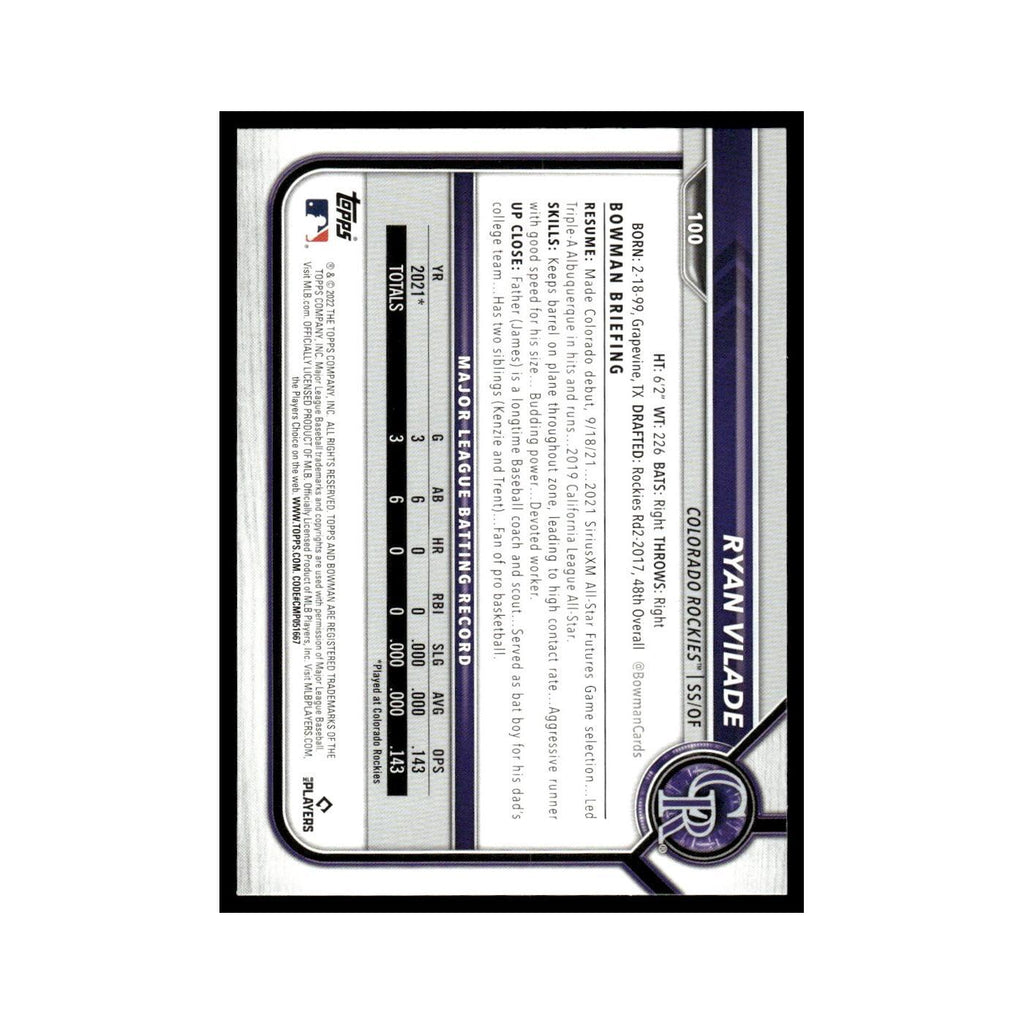 Ryan Vilade Rookie 2022 Bowman #100 Colorado Rockies Baseball Card NM