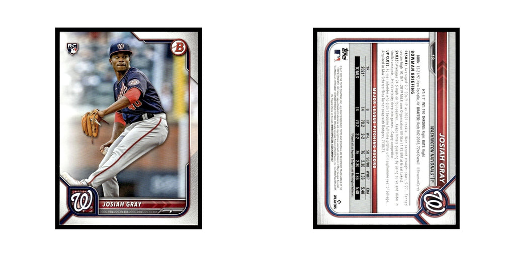 Josiah Gray Rookie 2022 Bowman #18 Washington Nationals Baseball Card NM