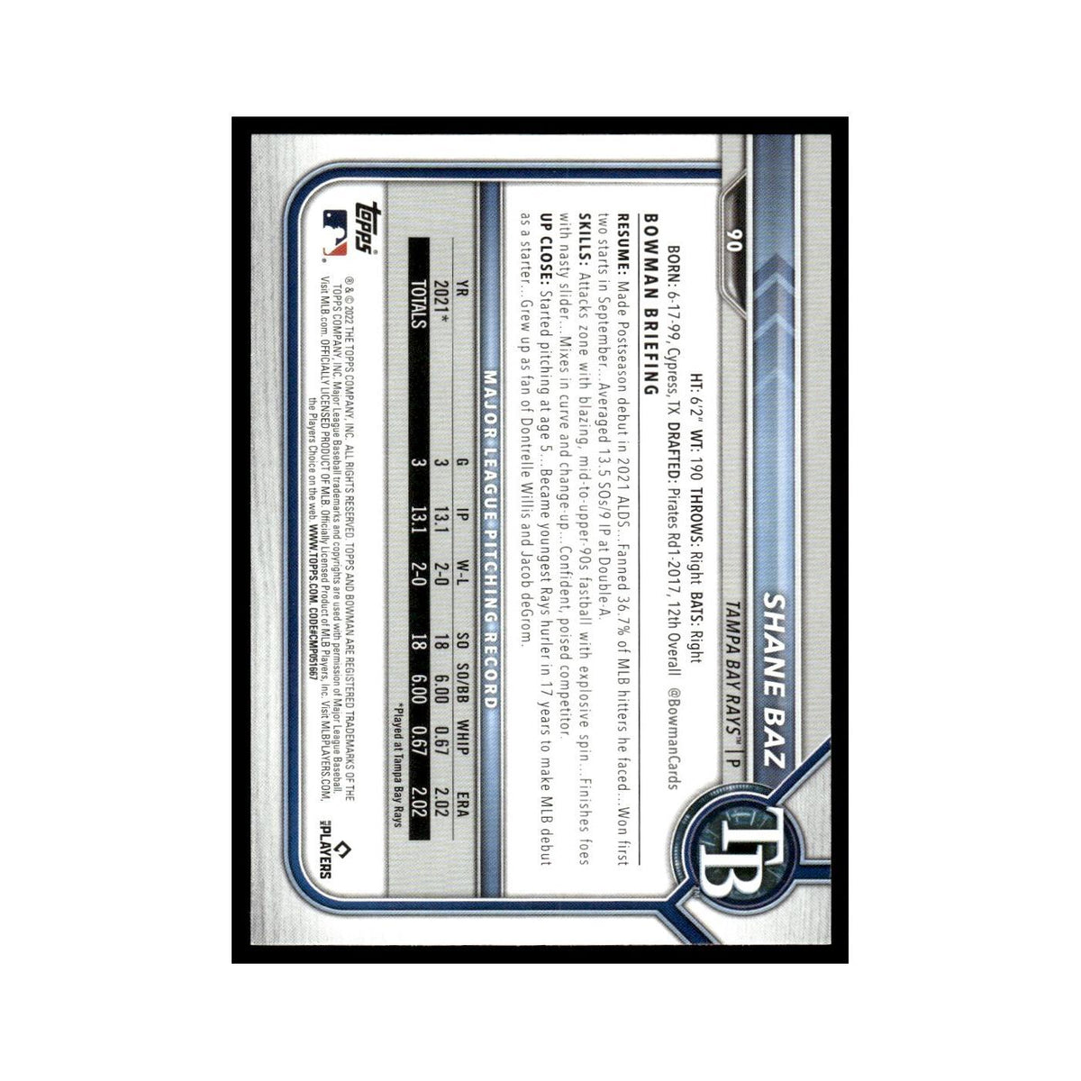 Shane Baz Rookie 2022 Bowman #90 Tampa Bay Rays Baseball Card NM
