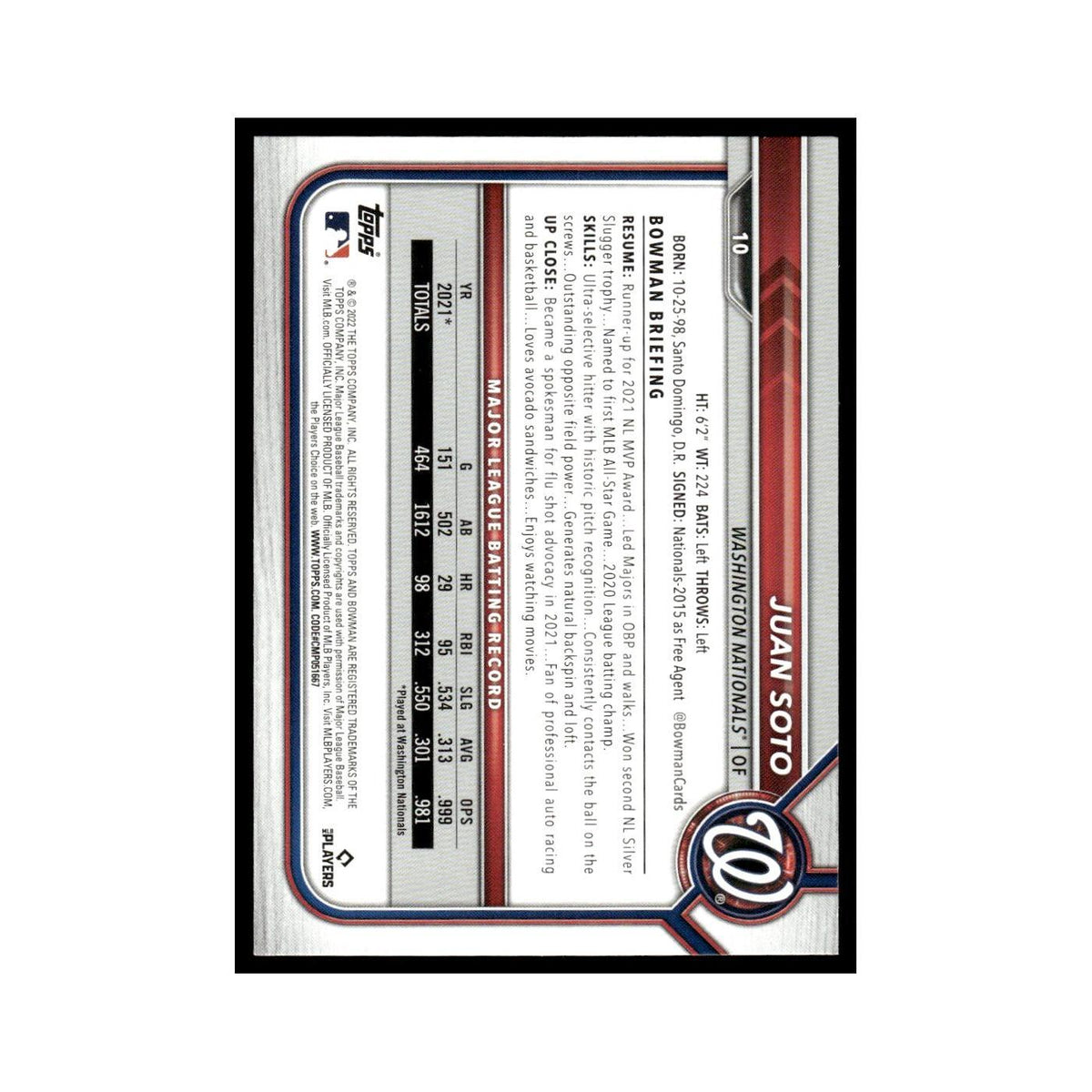 Juan Soto 2022 Bowman #10 Washington Nationals Baseball Card NM