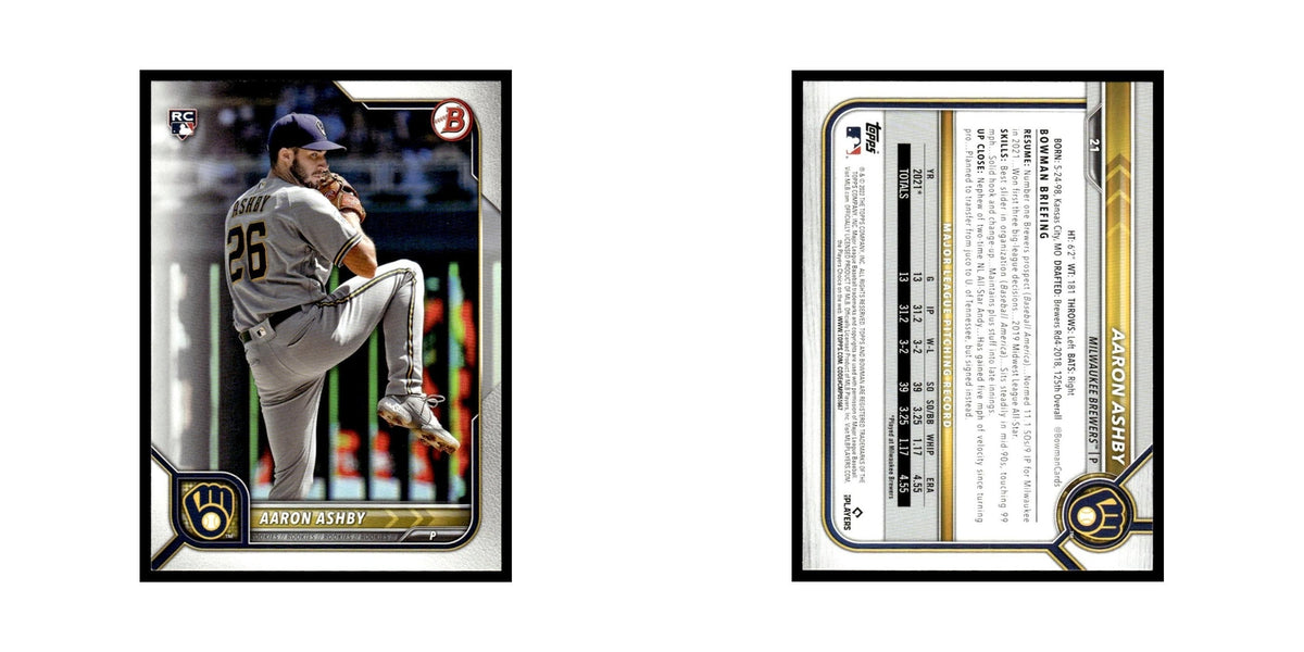 Aaron Ashby Rookie 2022 Bowman #21 Milwaukee Brewers Baseball Card NM