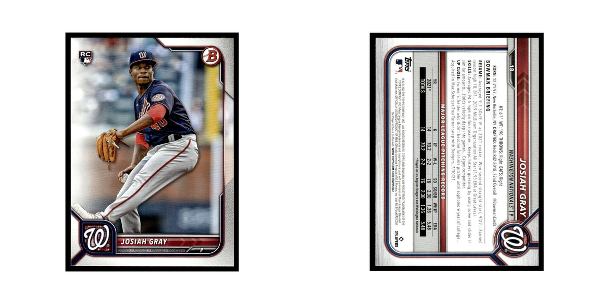 Josiah Gray Rookie 2022 Bowman #18 Washington Nationals Baseball Card NM