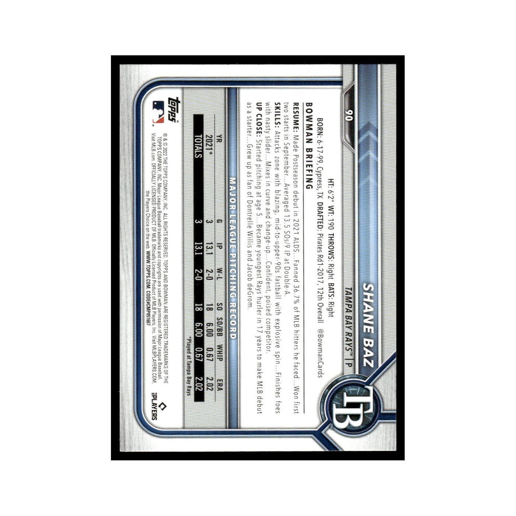 Shane Baz Rookie 2022 Bowman #90 Tampa Bay Rays Baseball Card NM