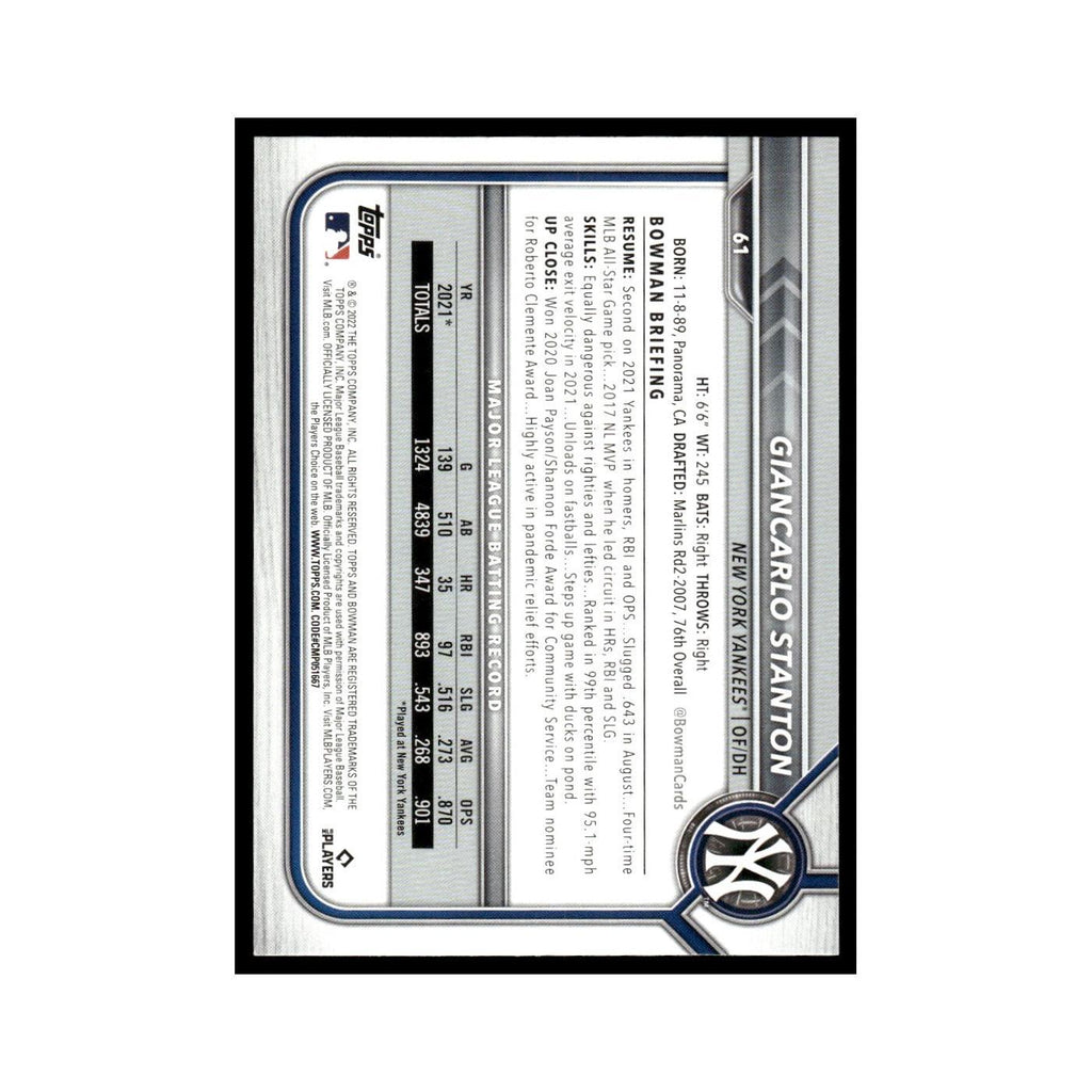 Giancarlo Stanton 2022 Bowman #61 New York Yankees Baseball Card NM