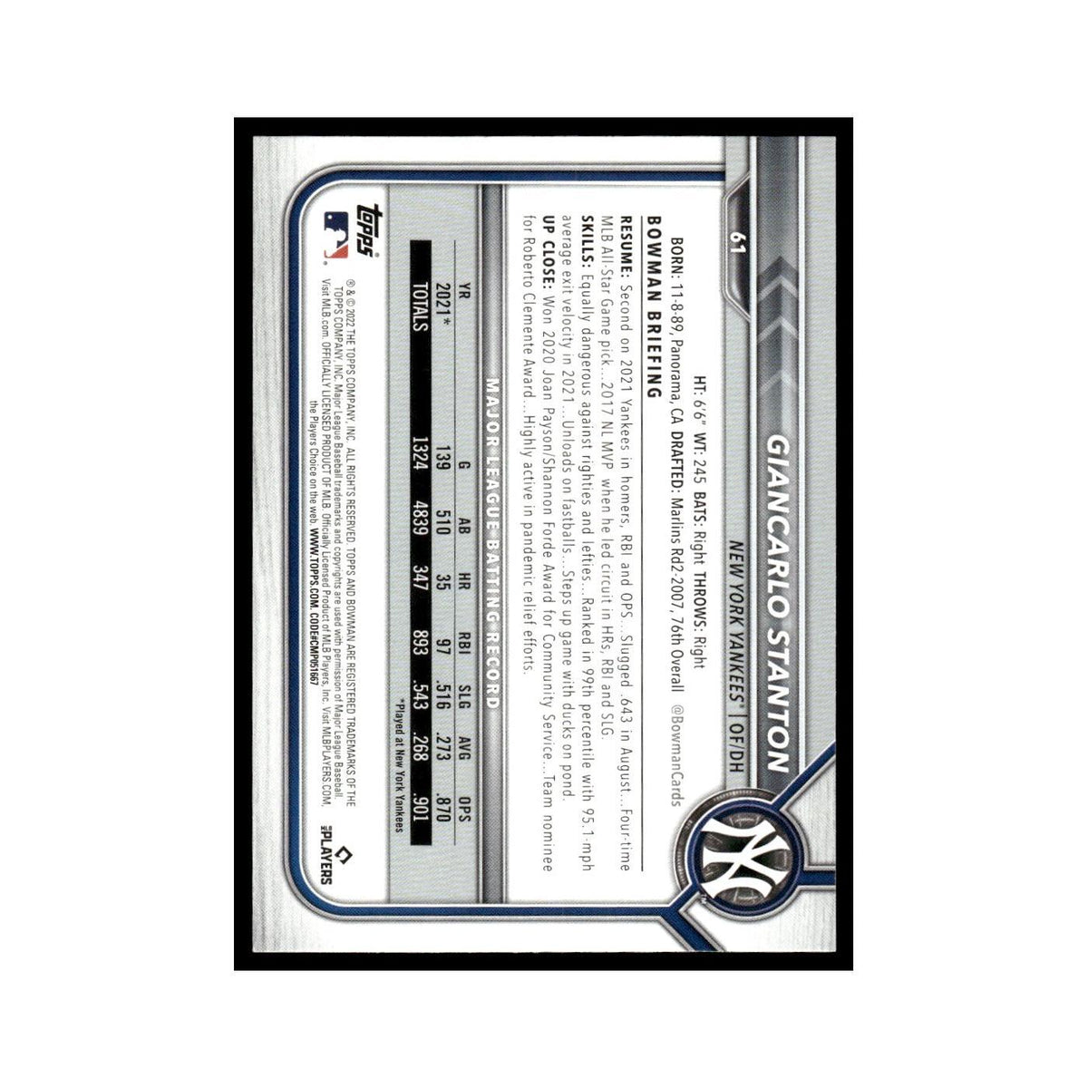 Giancarlo Stanton 2022 Bowman #61 New York Yankees Baseball Card NM