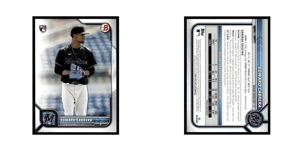 Edward Cabrera Rookie 2022 Bowman #78 Miami Marlins Baseball Card NM