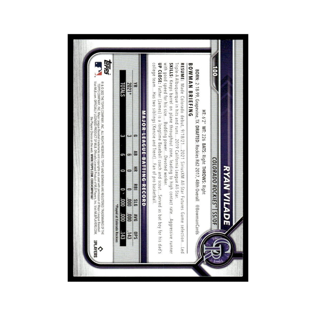 Ryan Vilade Rookie 2022 Bowman #100 Colorado Rockies Baseball Card NM