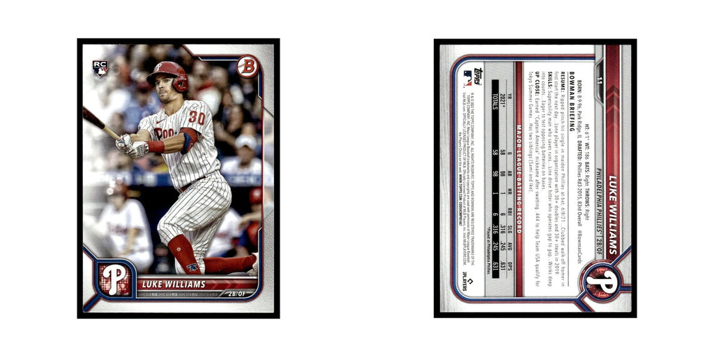Luke Williams Rookie 2022 Bowman #11 Philadelphia Phillies Baseball Card NM
