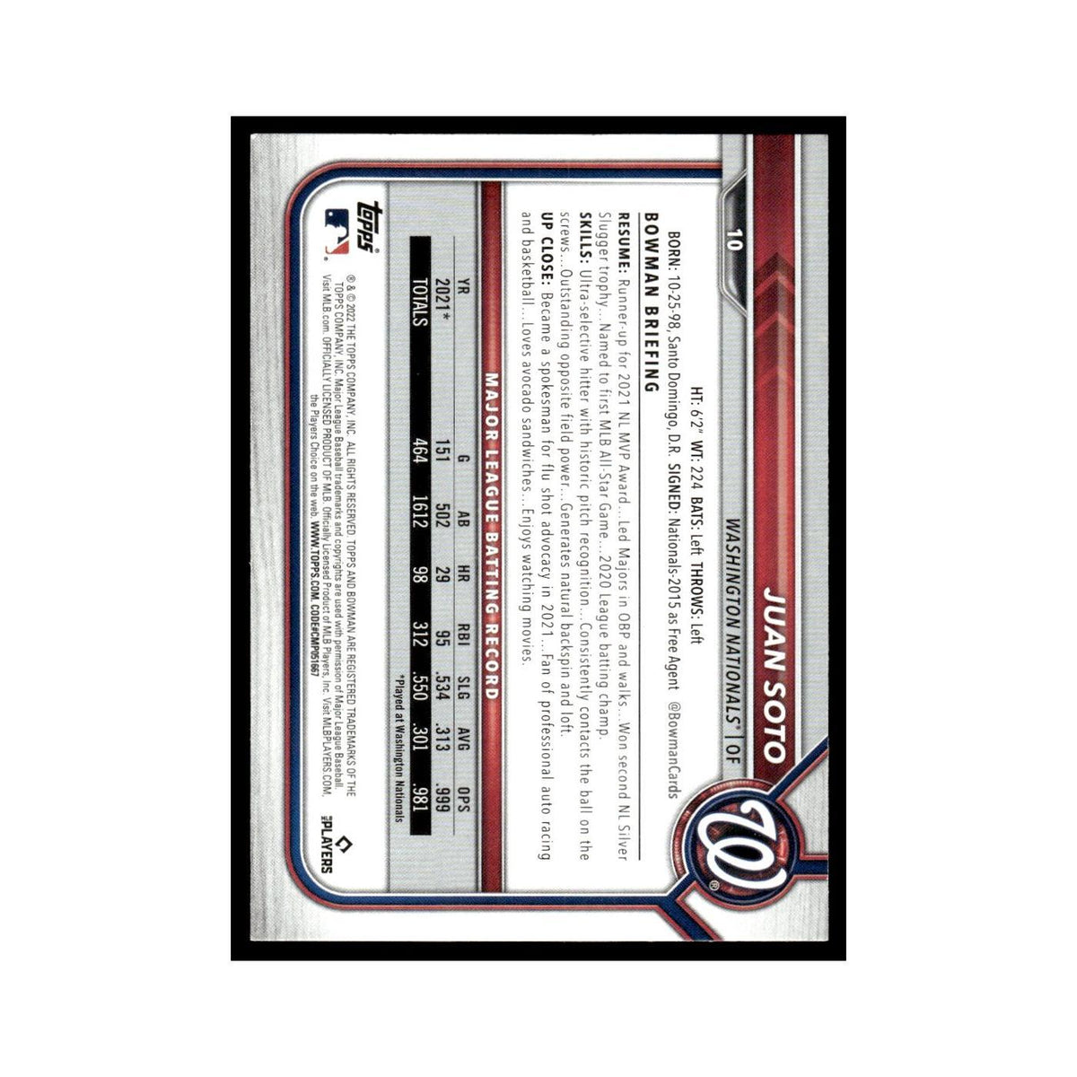 Juan Soto 2022 Bowman #10 Washington Nationals Baseball Card NM