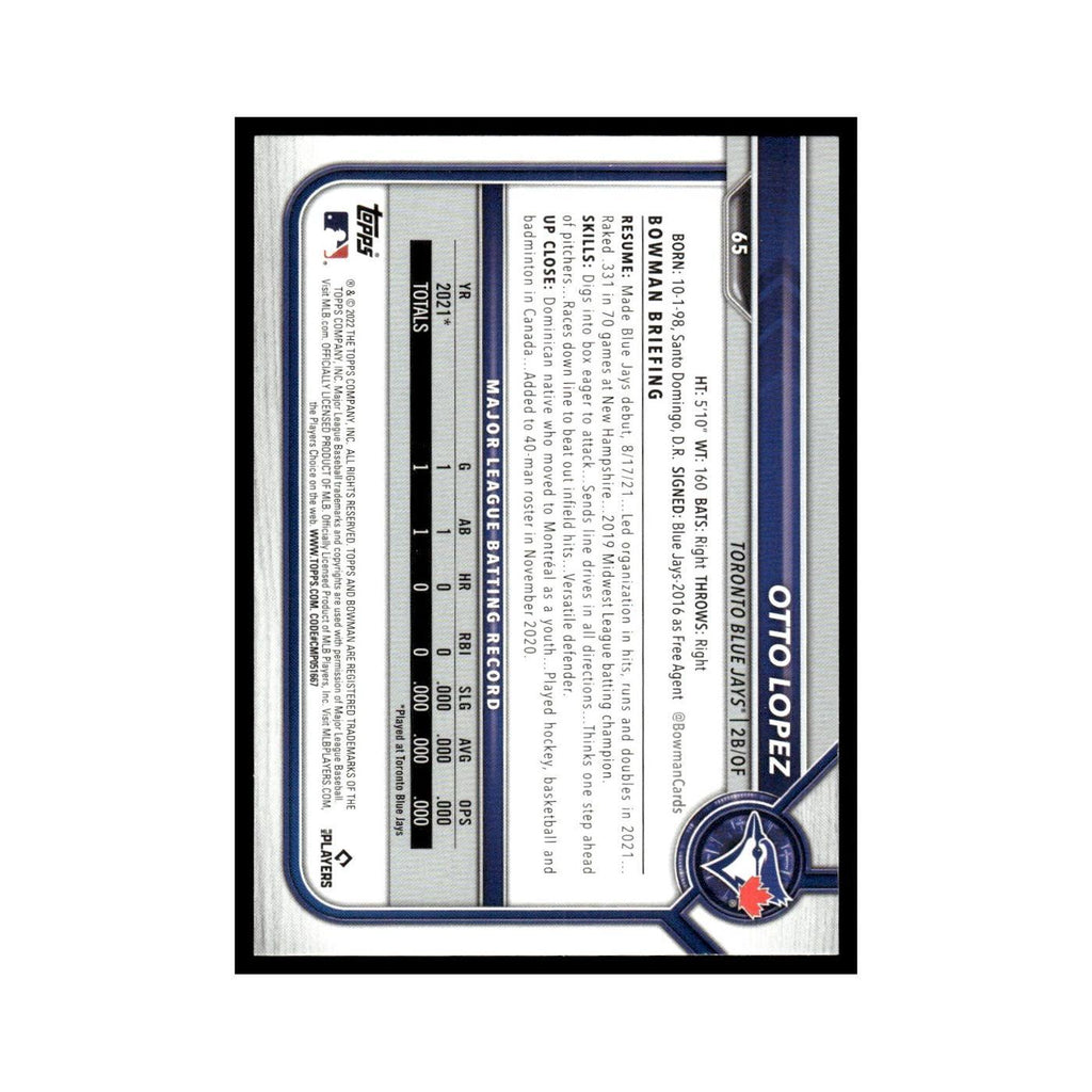 Otto Lopez Rookie 2022 Bowman #65 Toronto Blue Jays Baseball Card NM