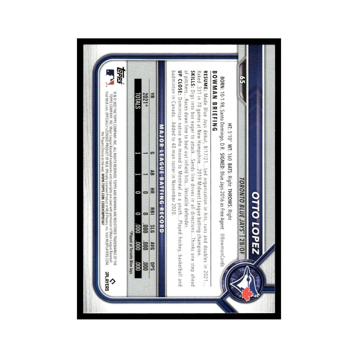 Otto Lopez Rookie 2022 Bowman #65 Toronto Blue Jays Baseball Card NM