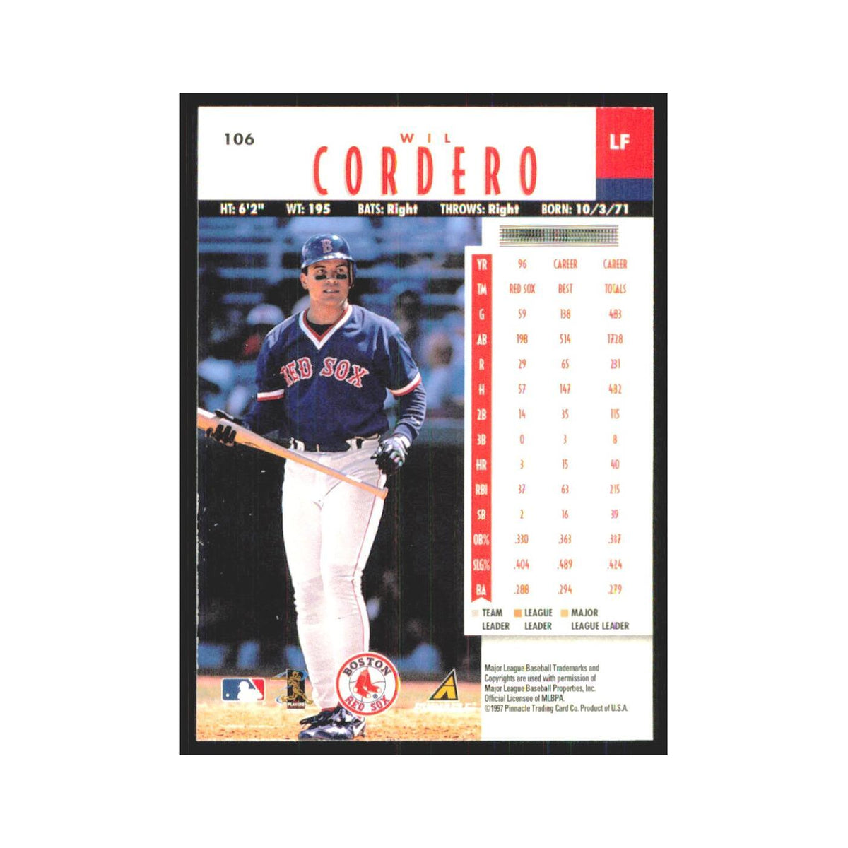 1997 Pinnacle Wil Cordero Red Sox #106