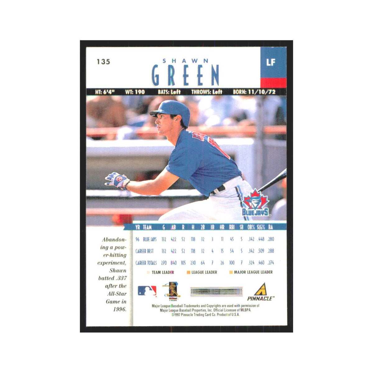 1997 Pinnacle Shawn Green Blue Jays #135