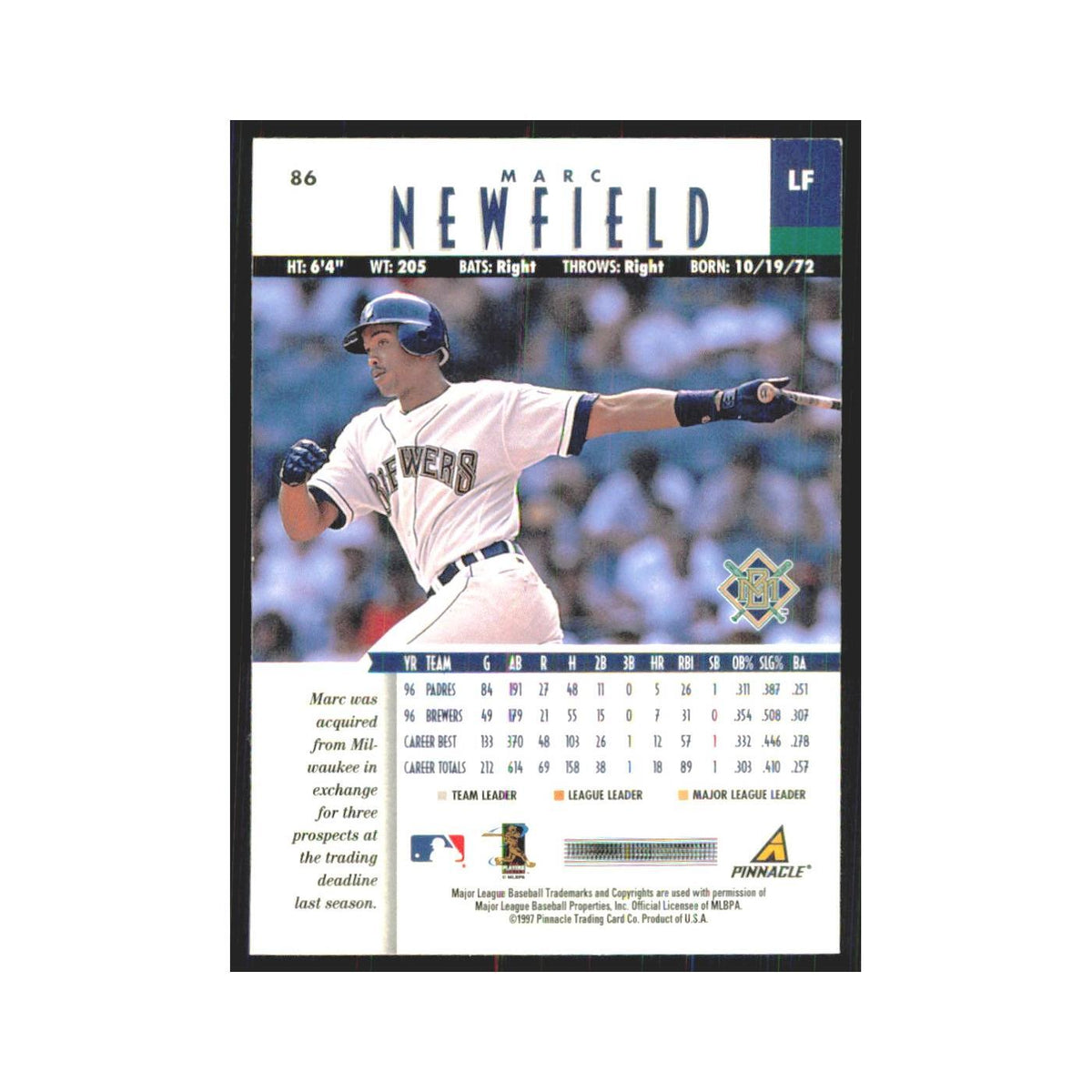 1997 Pinnacle Marc Newfield Brewers #86
