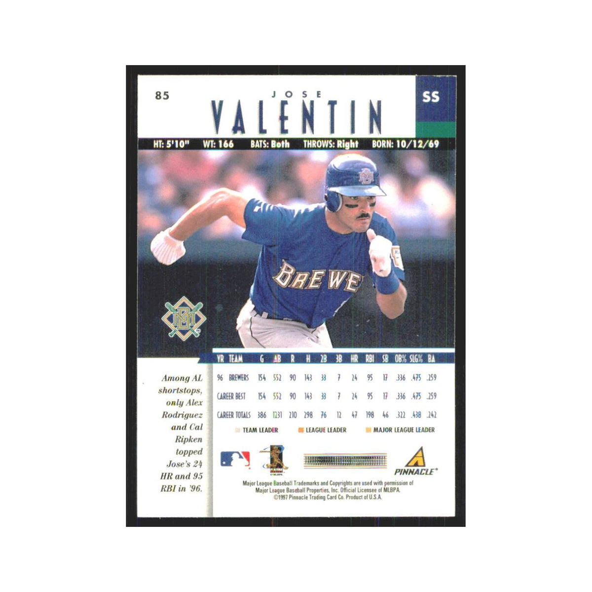 1997 Pinnacle Jose Valentin Brewers #85