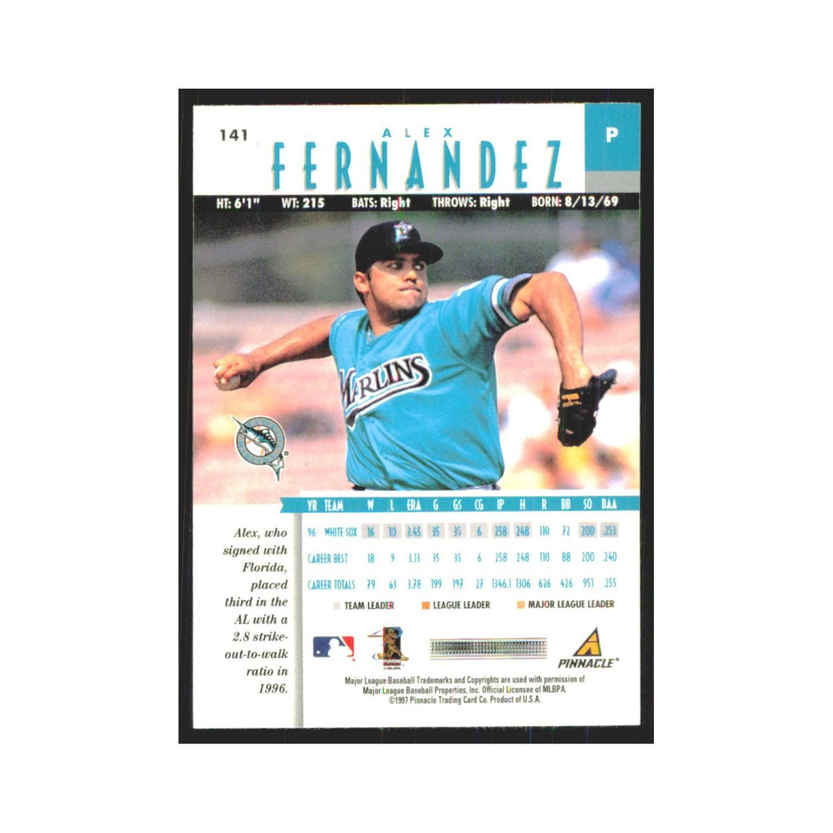 1997 Pinnacle Alex Fernandez Florida Marlins #141