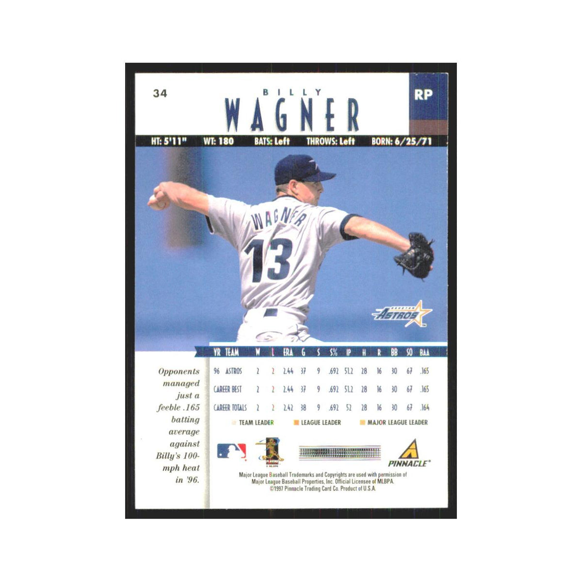 1997 Pinnacle Billy Wagner Astros #34
