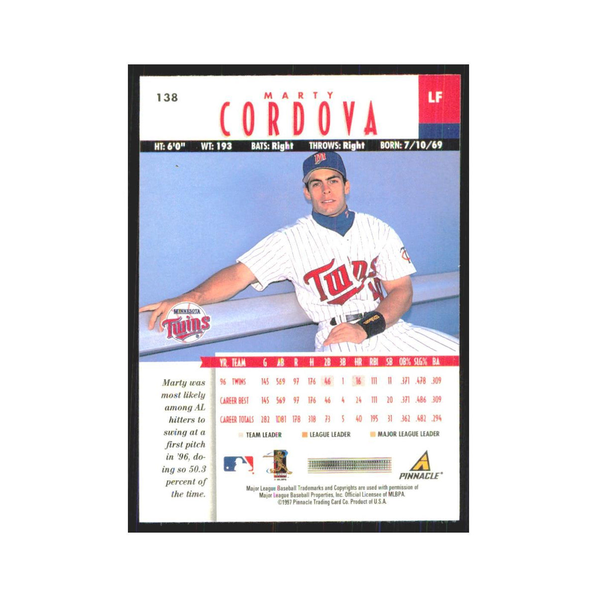 1997 Pinnacle Marty Cordova Twins #138