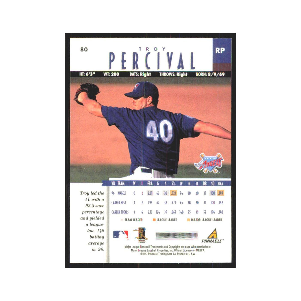 1997 Pinnacle Troy Percival Angels #80