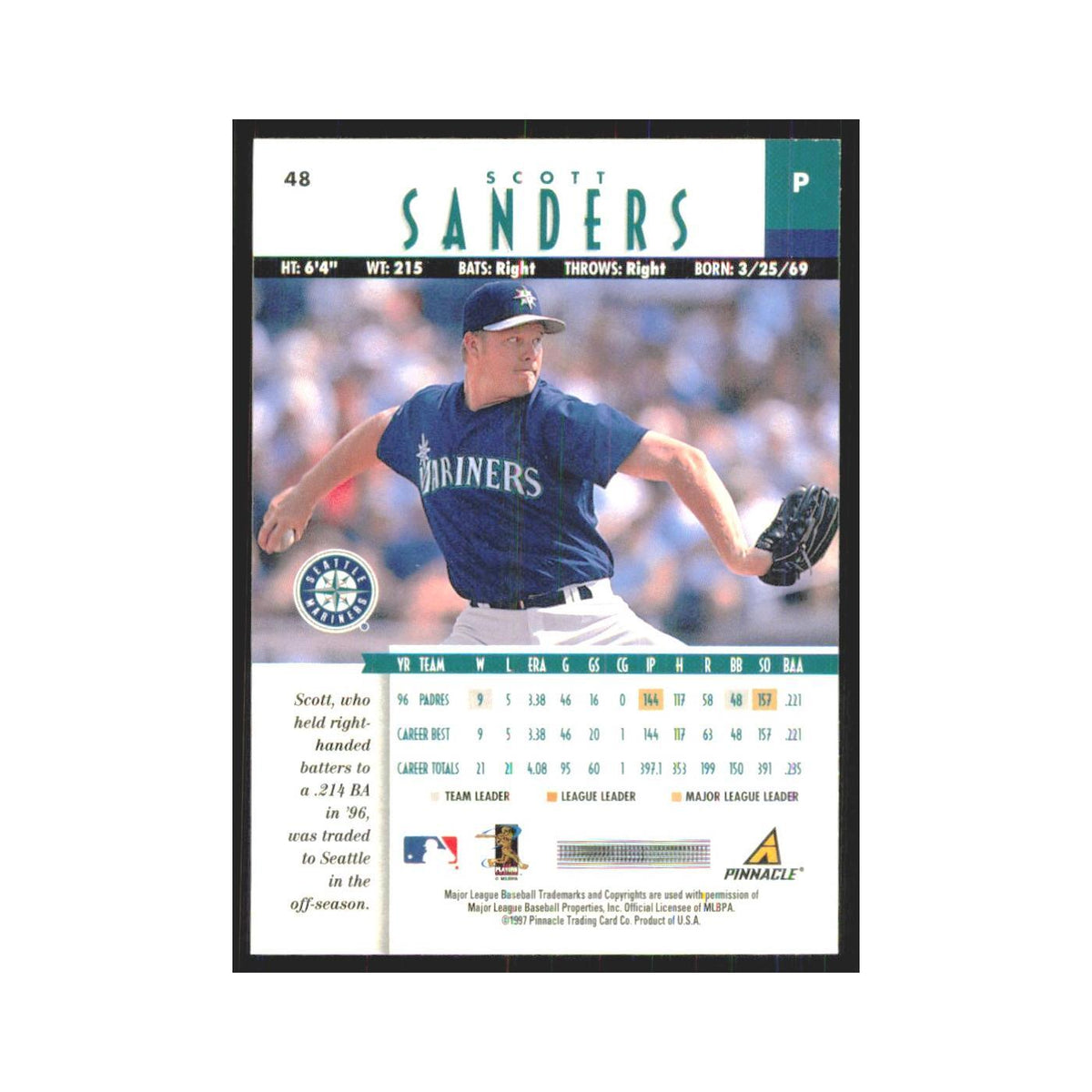 1997 Pinnacle Scott Sanders Mariners #48