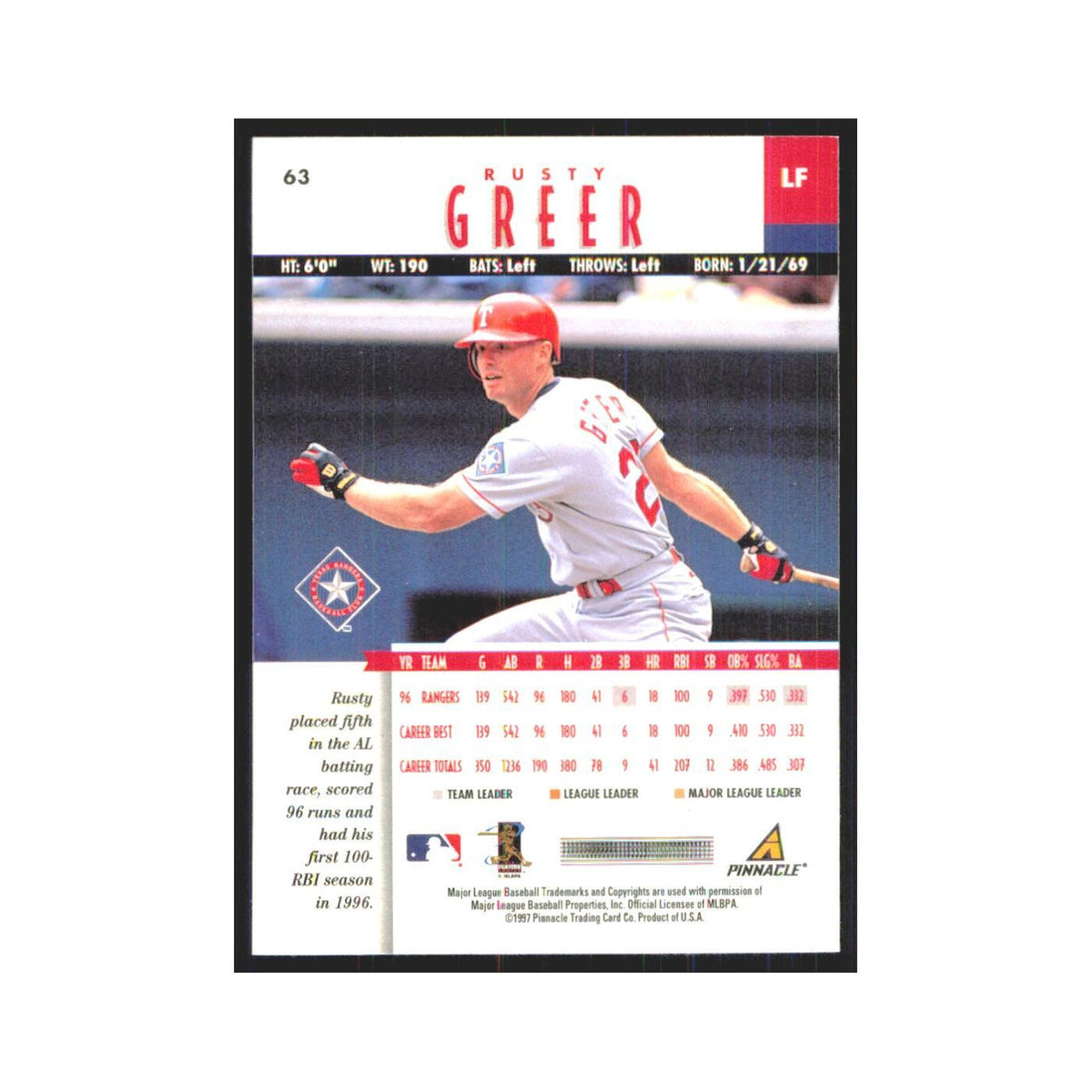 1997 Pinnacle Rusty Greer Rangers #63