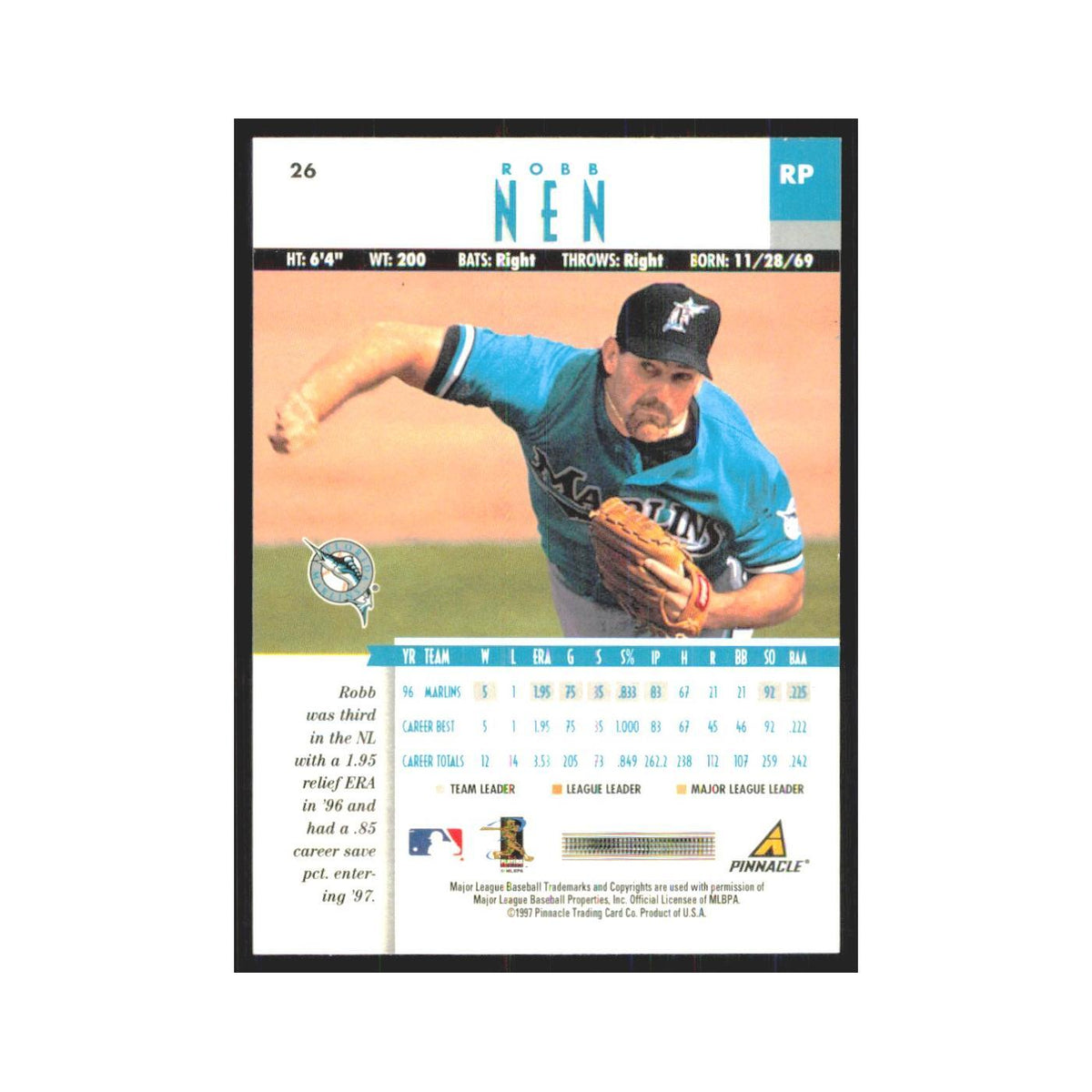 1997 Pinnacle Robb Nen Florida Marlins #26