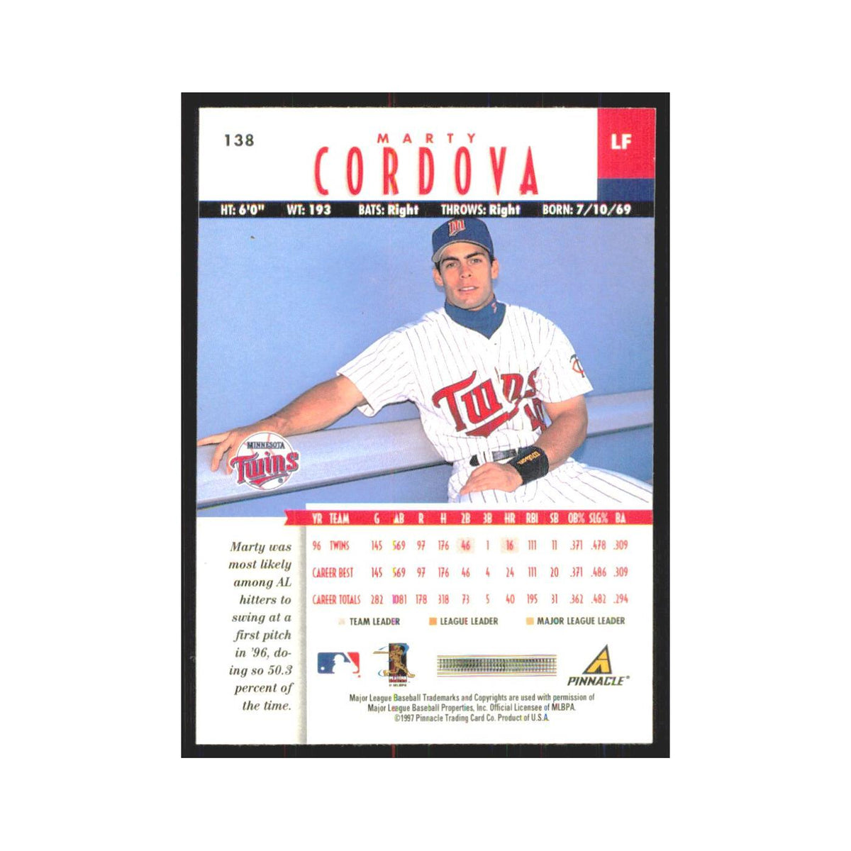 1997 Pinnacle Marty Cordova Twins #138
