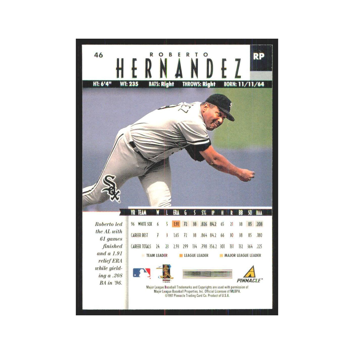 1997 Pinnacle Roberto Hernandez White Sox #46