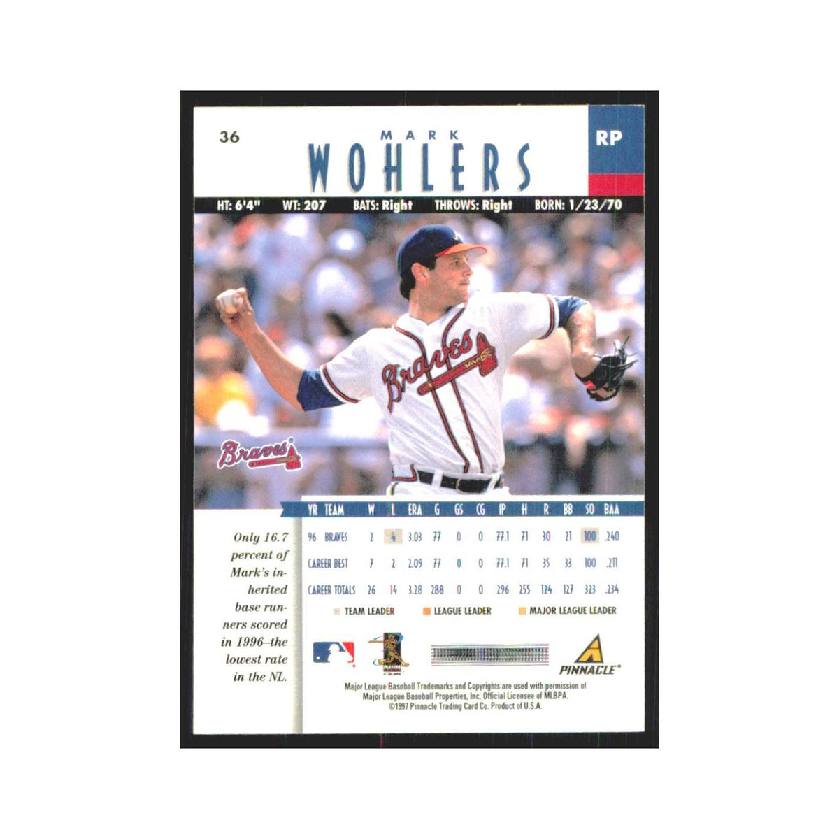 1997 Pinnacle Mark Wohlers Braves #36