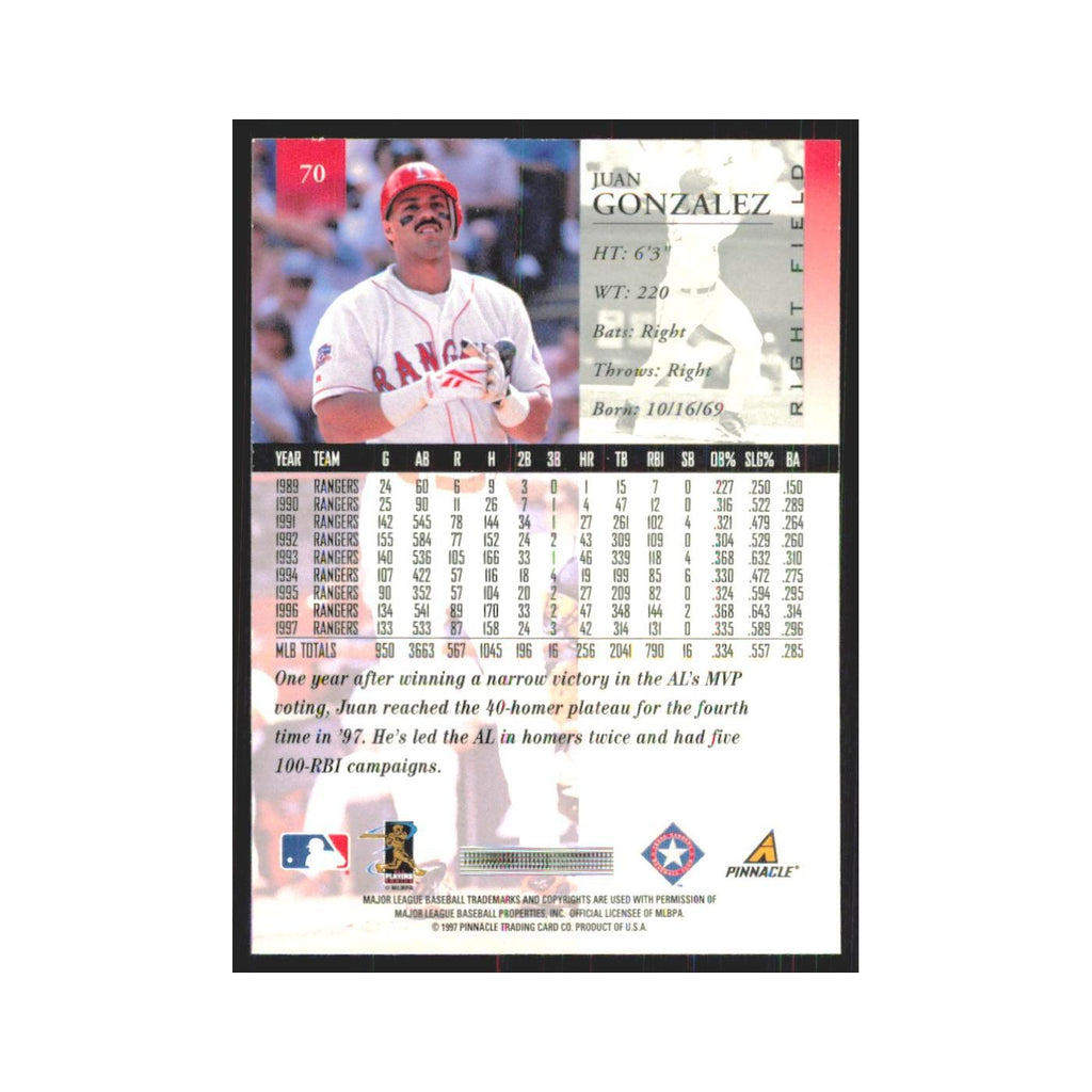 1998 Pinnacle Juan Gonzalez Rangers #70
