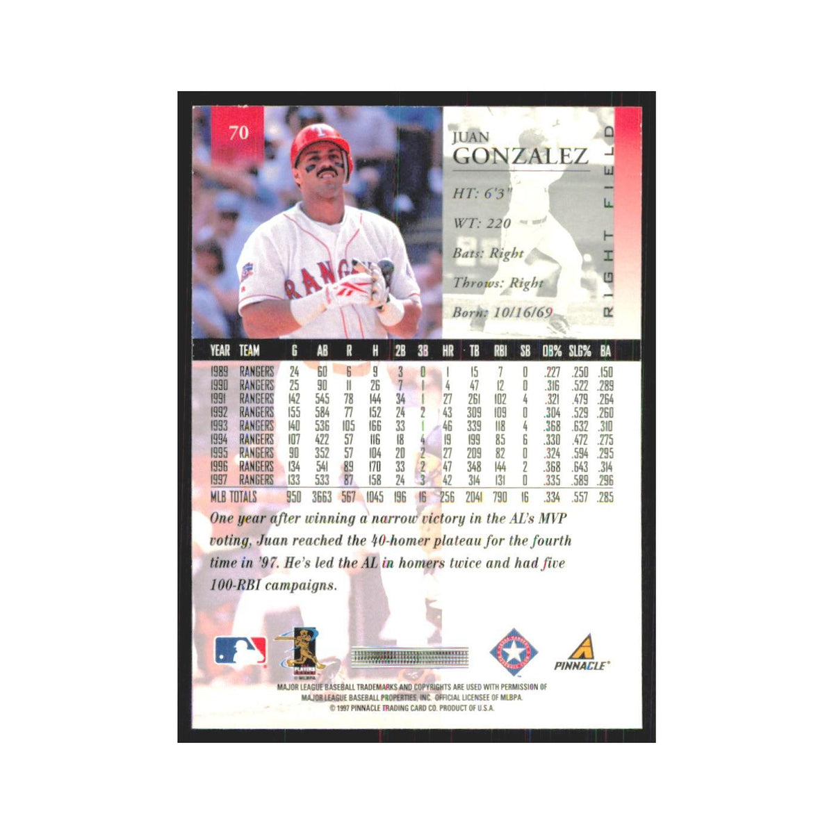1998 Pinnacle Juan Gonzalez Rangers #70