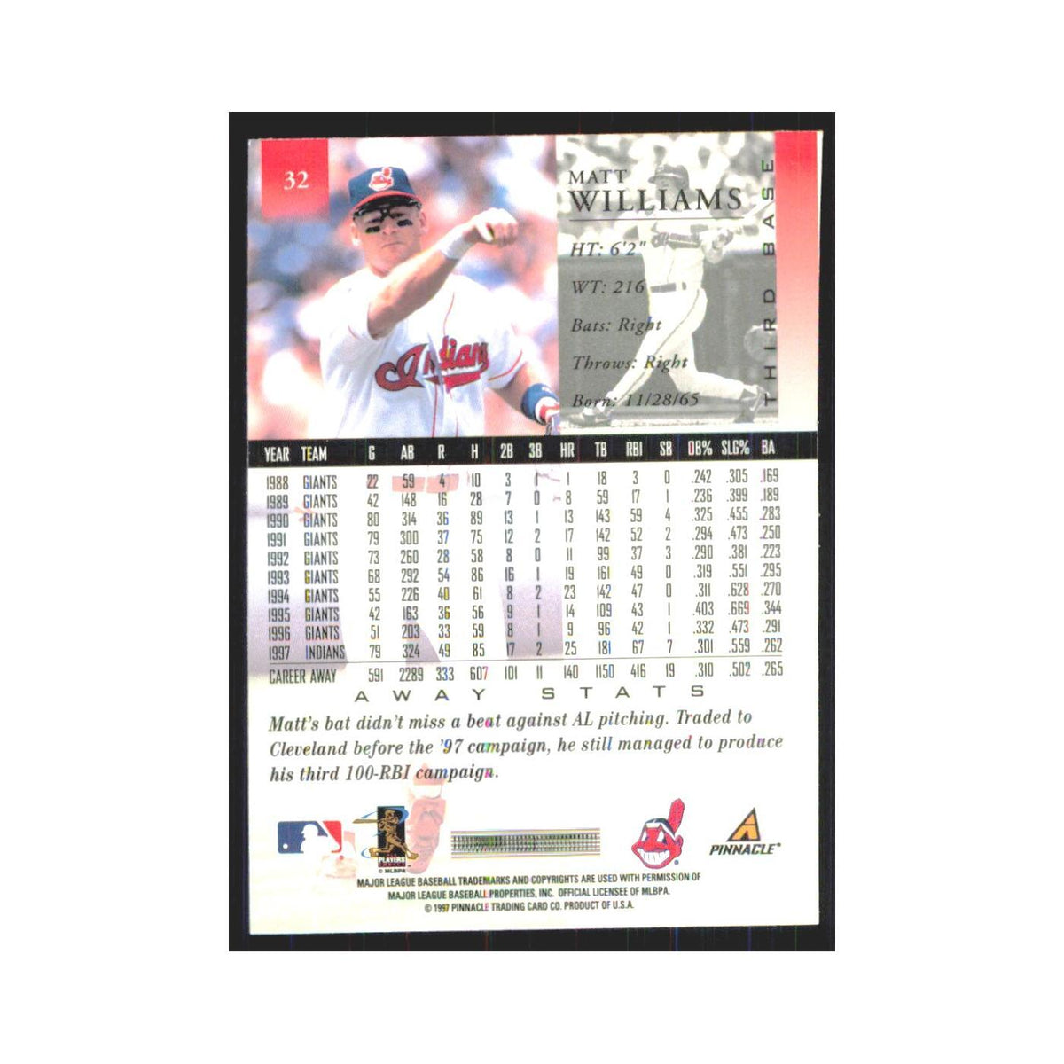 1998 Pinnacle Matt Williams Indians #32