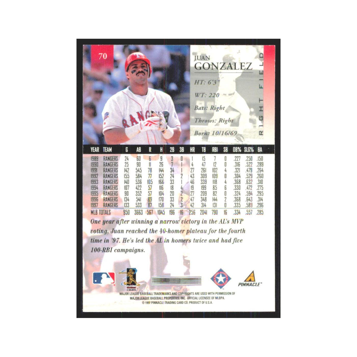 1998 Pinnacle Juan Gonzalez Rangers #70