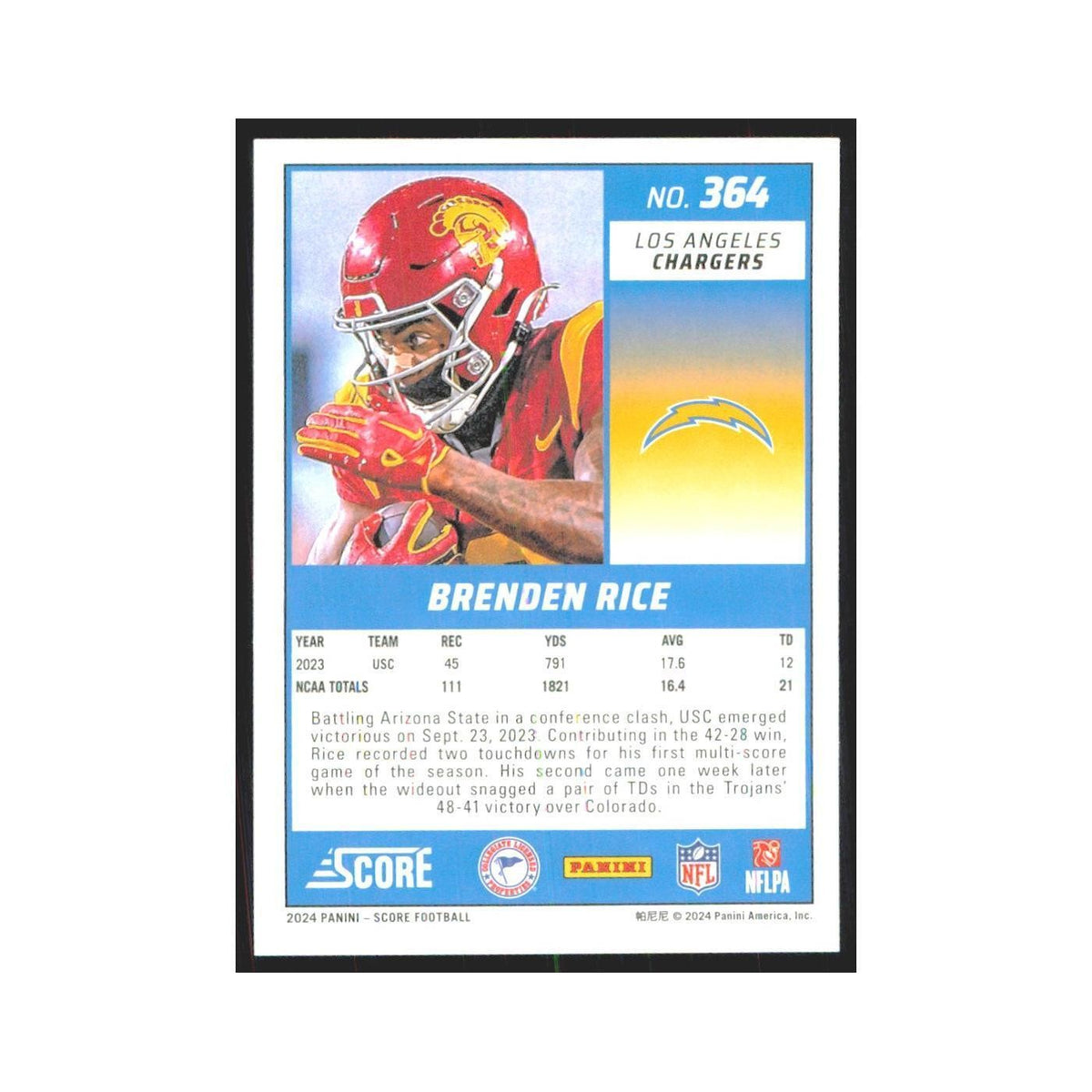 2024 Score Brenden Rice RC Chargers #364