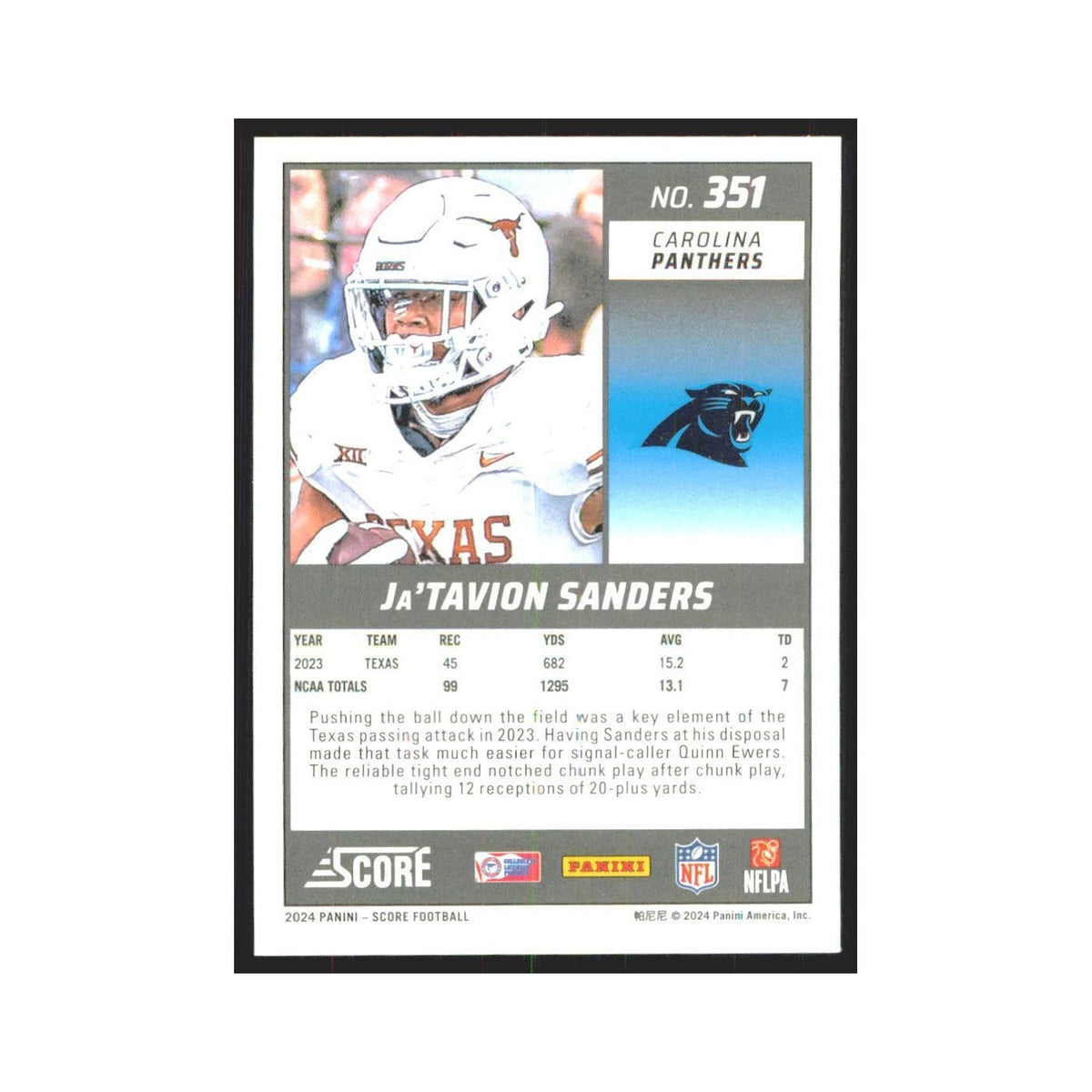 2024 Score Ja'Tavion Sanders RC Panthers #351