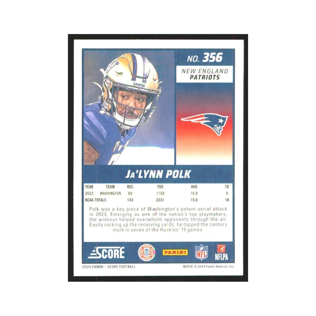 2024 Score Ja'Lynn Polk RC Patriots #356