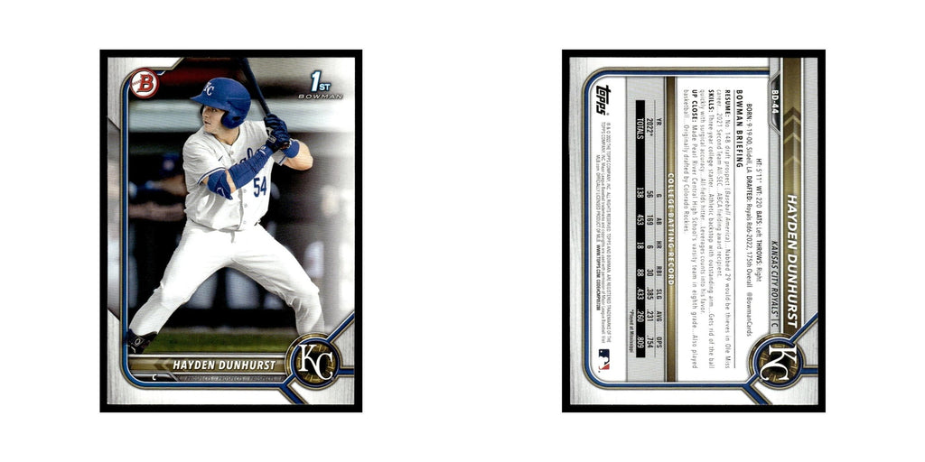 Hayden Dunhurst 2022 Bowman Draft #BD-44 Kansas City Royals Baseball Card NM