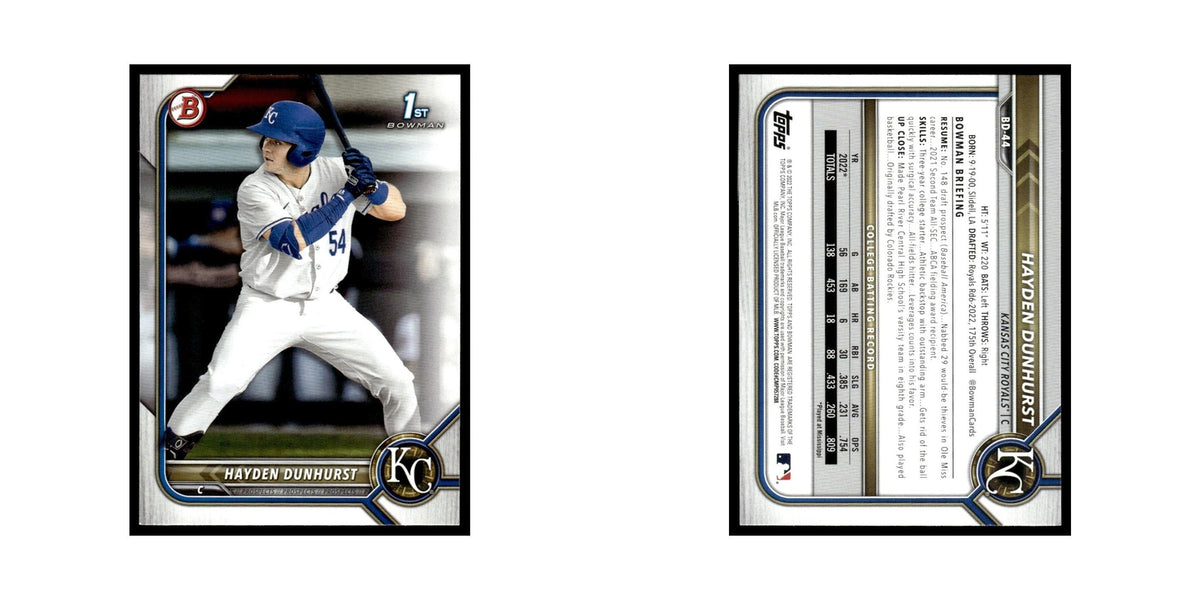 Hayden Dunhurst 2022 Bowman Draft #BD-44 Kansas City Royals Baseball Card NM