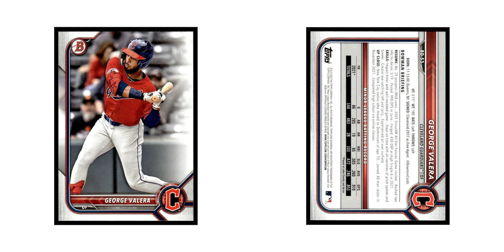 George Valera 2022 Bowman Draft #BD-53 Cleveland Guardians Baseball Card NM