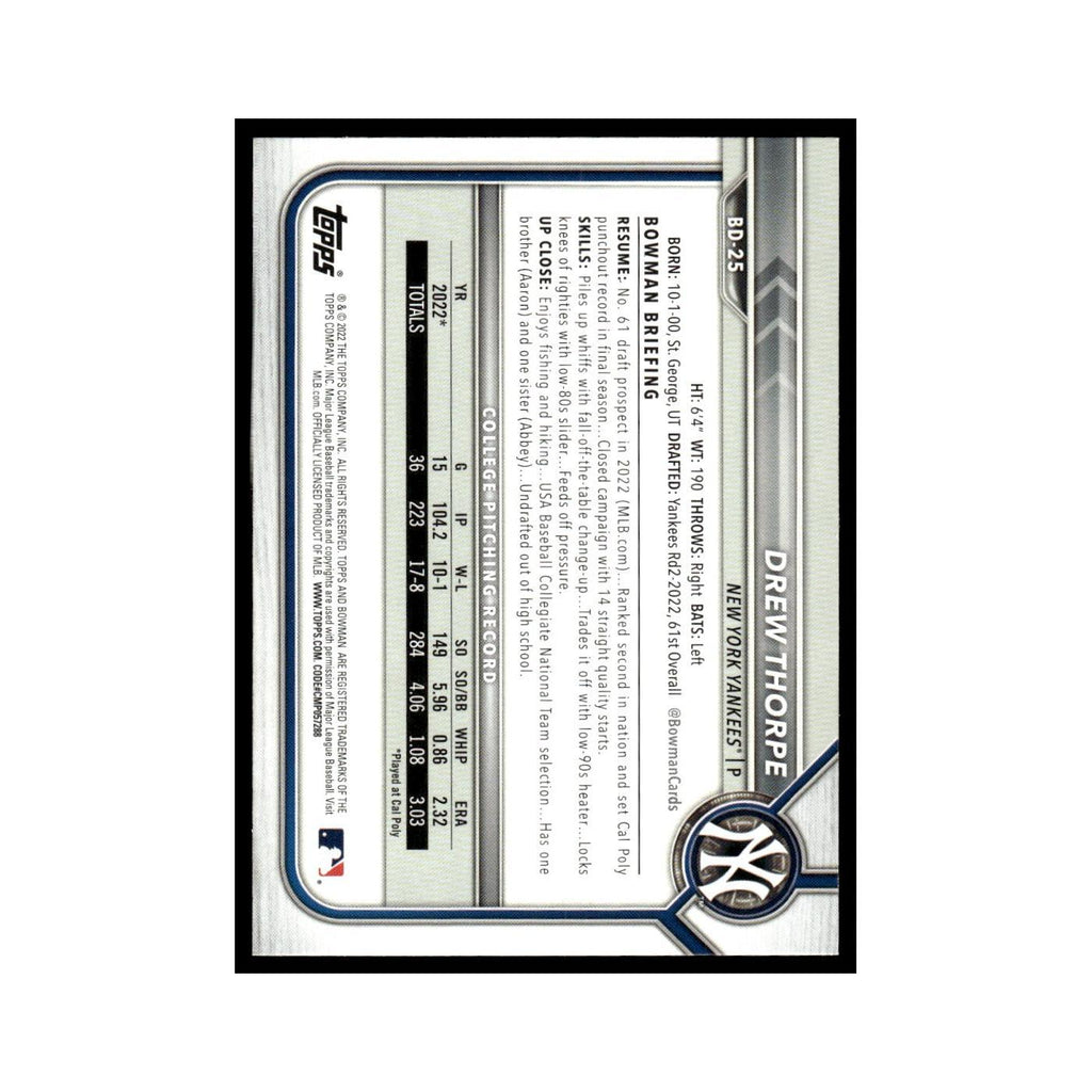 Drew Thorpe 2022 Bowman Draft #BD-25 New York Yankees Baseball Card NM