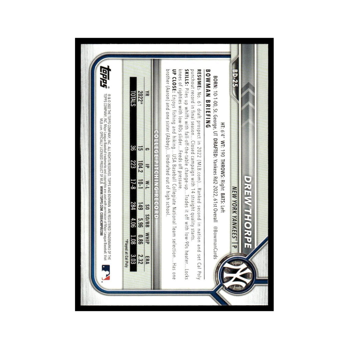 Drew Thorpe 2022 Bowman Draft #BD-25 New York Yankees Baseball Card NM