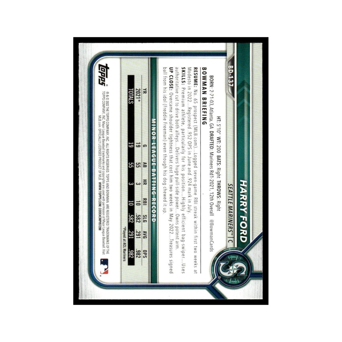 Harry Ford 2022 Bowman Draft #BD-137 Seattle Mariners Baseball Card NM