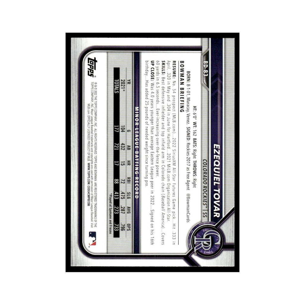 Ezequiel Tovar 2022 Bowman Draft #BD-83 Colorado Rockies Baseball Card NM