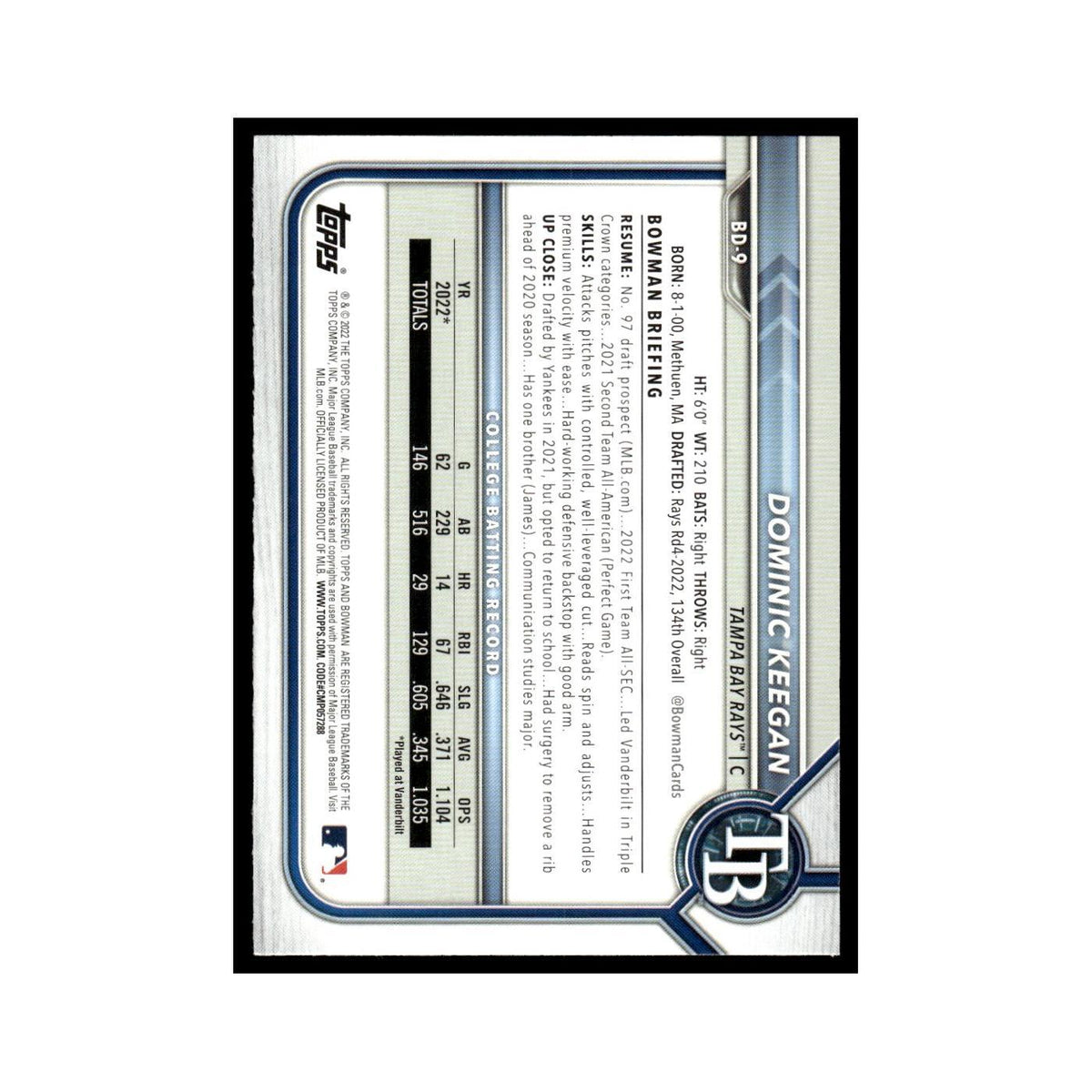Dominic Keegan 2022 Bowman Draft #BD-9 Tampa Bay Rays Baseball Card NM