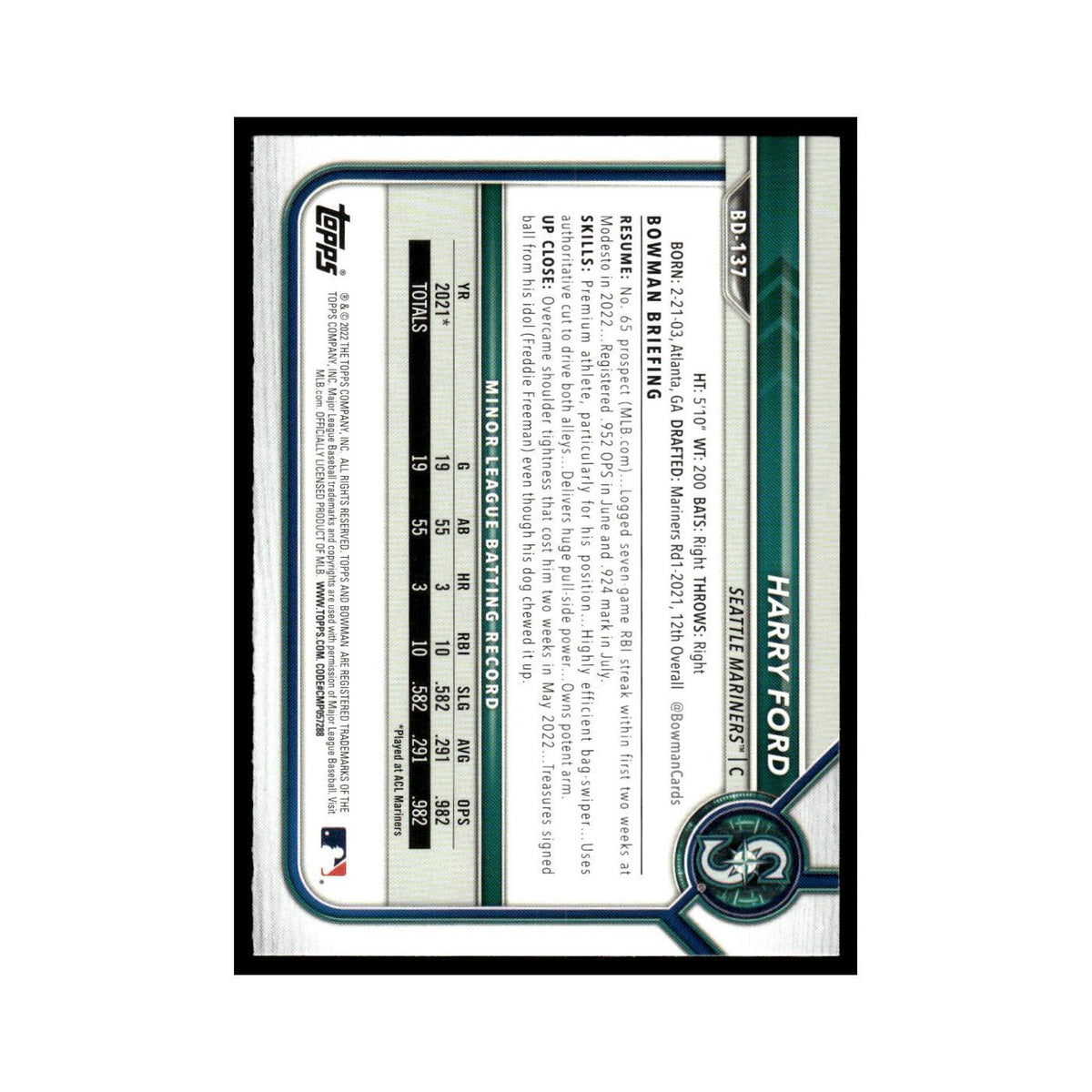 Harry Ford 2022 Bowman Draft #BD-137 Seattle Mariners Baseball Card NM