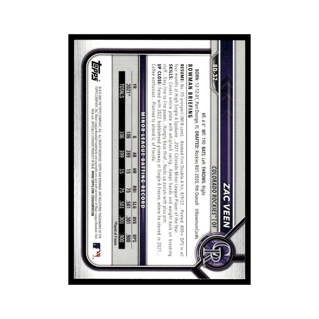Zac Veen 2022 Bowman Draft #BD-32 Colorado Rockies Baseball Card NM
