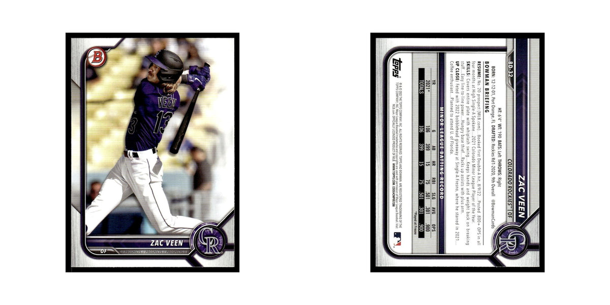 Zac Veen 2022 Bowman Draft #BD-32 Colorado Rockies Baseball Card NM