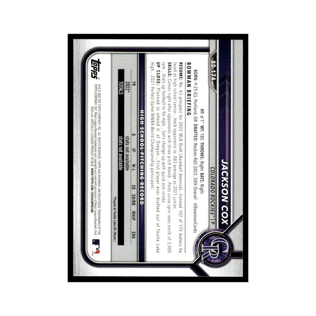 Jackson Cox 2022 Bowman Draft #BD-174 Colorado Rockies Baseball Card NM