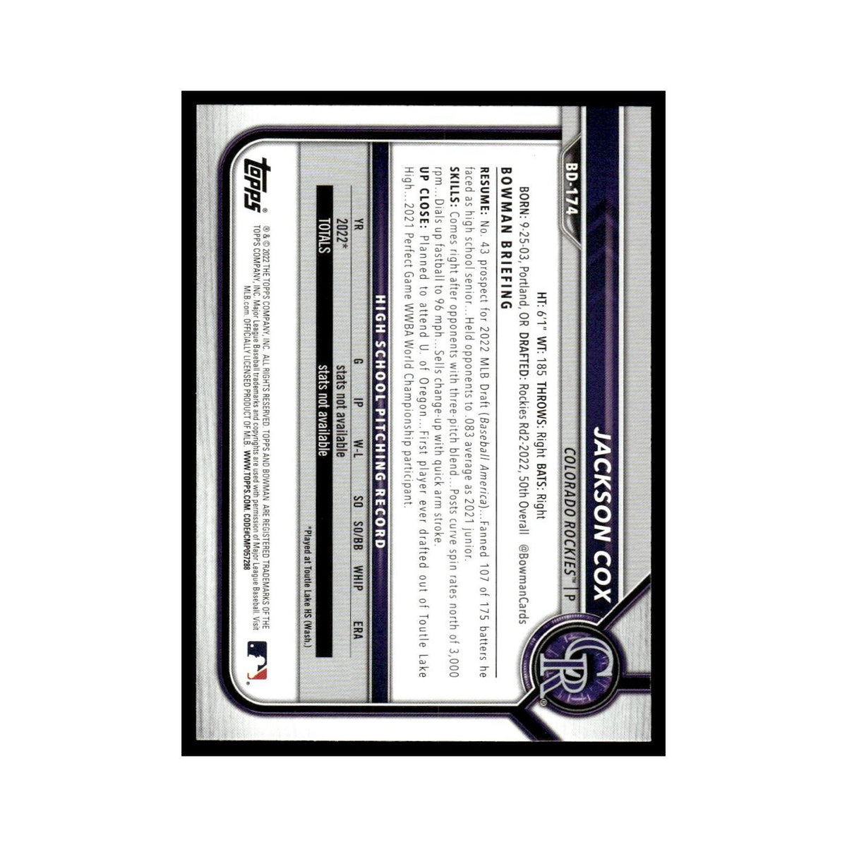Jackson Cox 2022 Bowman Draft #BD-174 Colorado Rockies Baseball Card NM