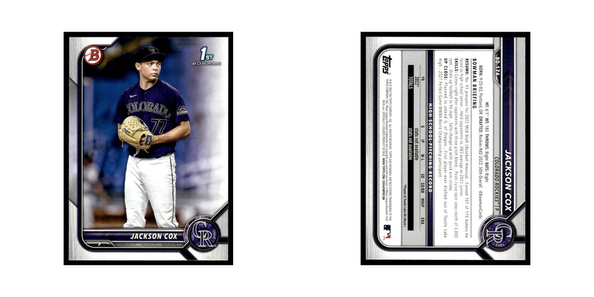 Jackson Cox 2022 Bowman Draft #BD-174 Colorado Rockies Baseball Card NM